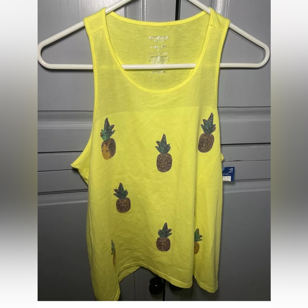 Arizona Yellow Sequin Pineapple Tank Top Fruit Themed Shirt Large